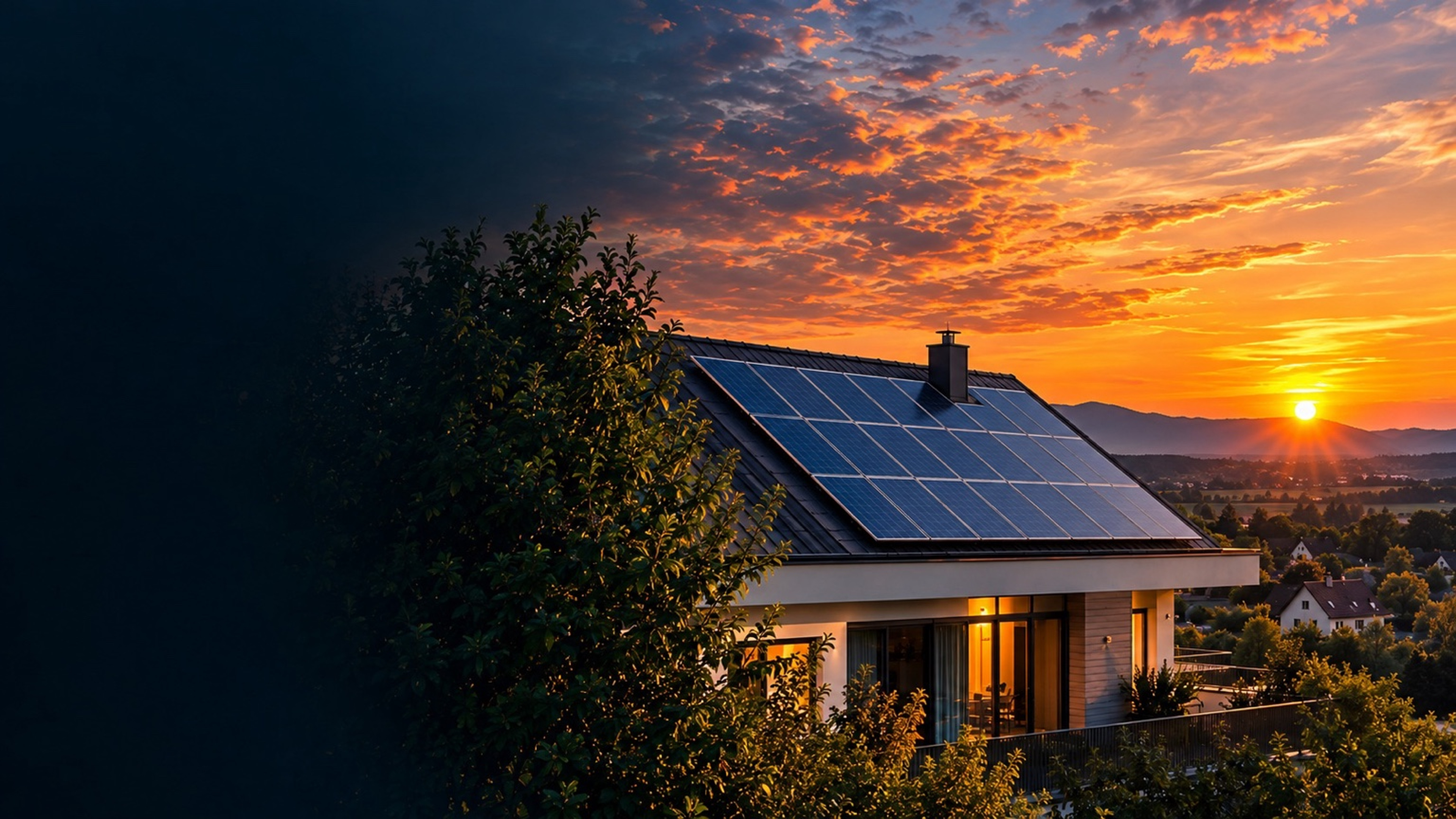 Photovoltaikanlage auf einem Wohnhaus im Abendlicht